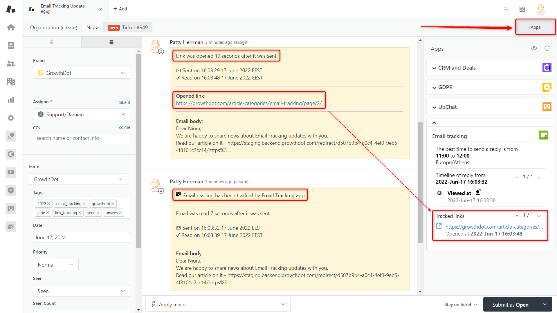 screenshot of Email Tracking for Zendesk